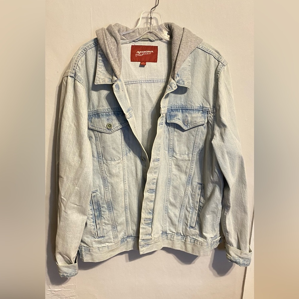 Button up, hooded Jean jacket.